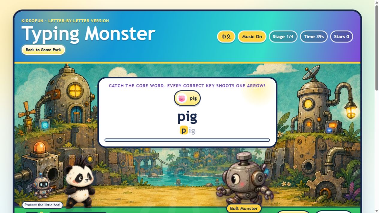 Typing Monster battle in progress with Bam, a robot monster and the word pig
