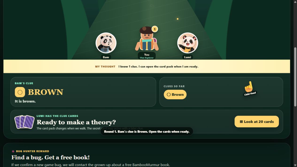 Guess The Secret in progress with Bam's brown clue and the card pack