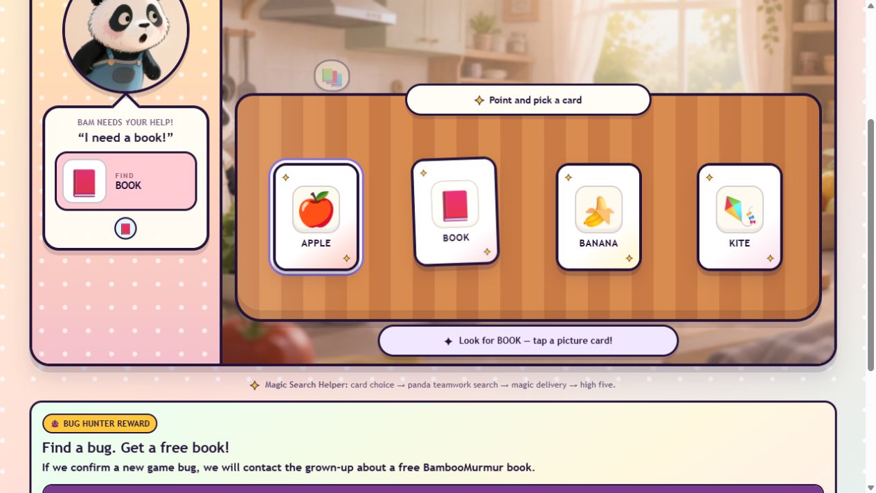 Magic Search Helper in progress with Bam's picture mission and four cards to search