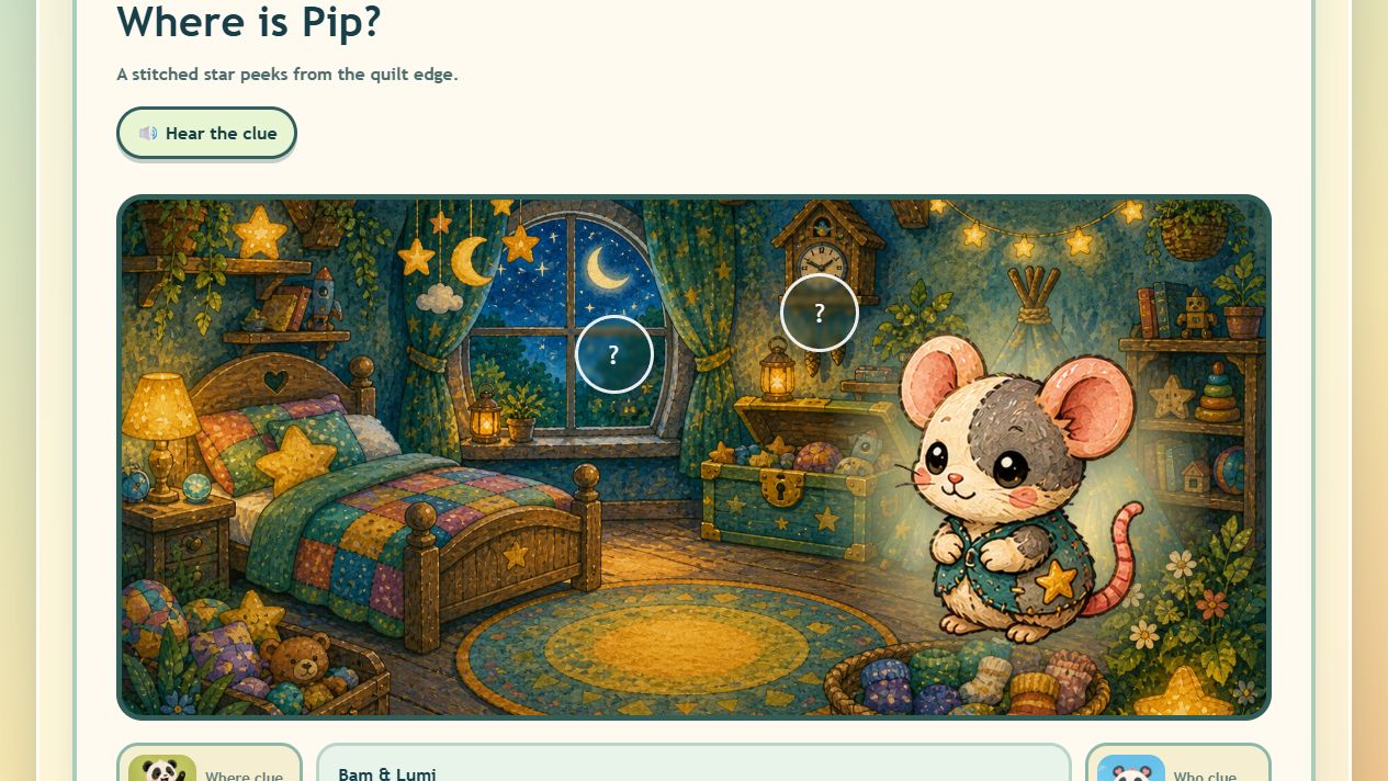 Where Is My Buddy discovery moment with Pip revealed in the Moonlit Bedroom and Bam and Lumi helping below